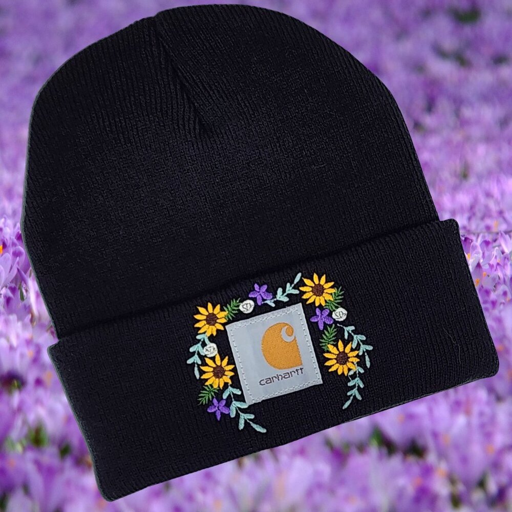 Embroidered Sunflowers Flowers on Black Knit Women's Hat - Picture 3 of 3